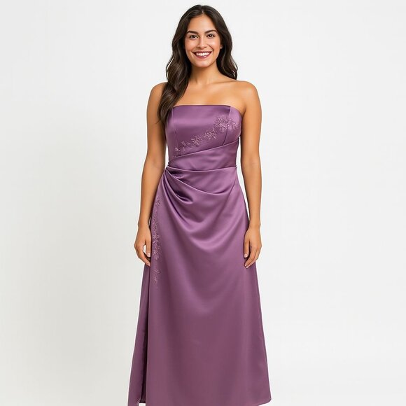 Davids Bridal Plum Strapless Gown 10 Formal Dress Beaded Satin Wedding Guest - Picture 4 of 13